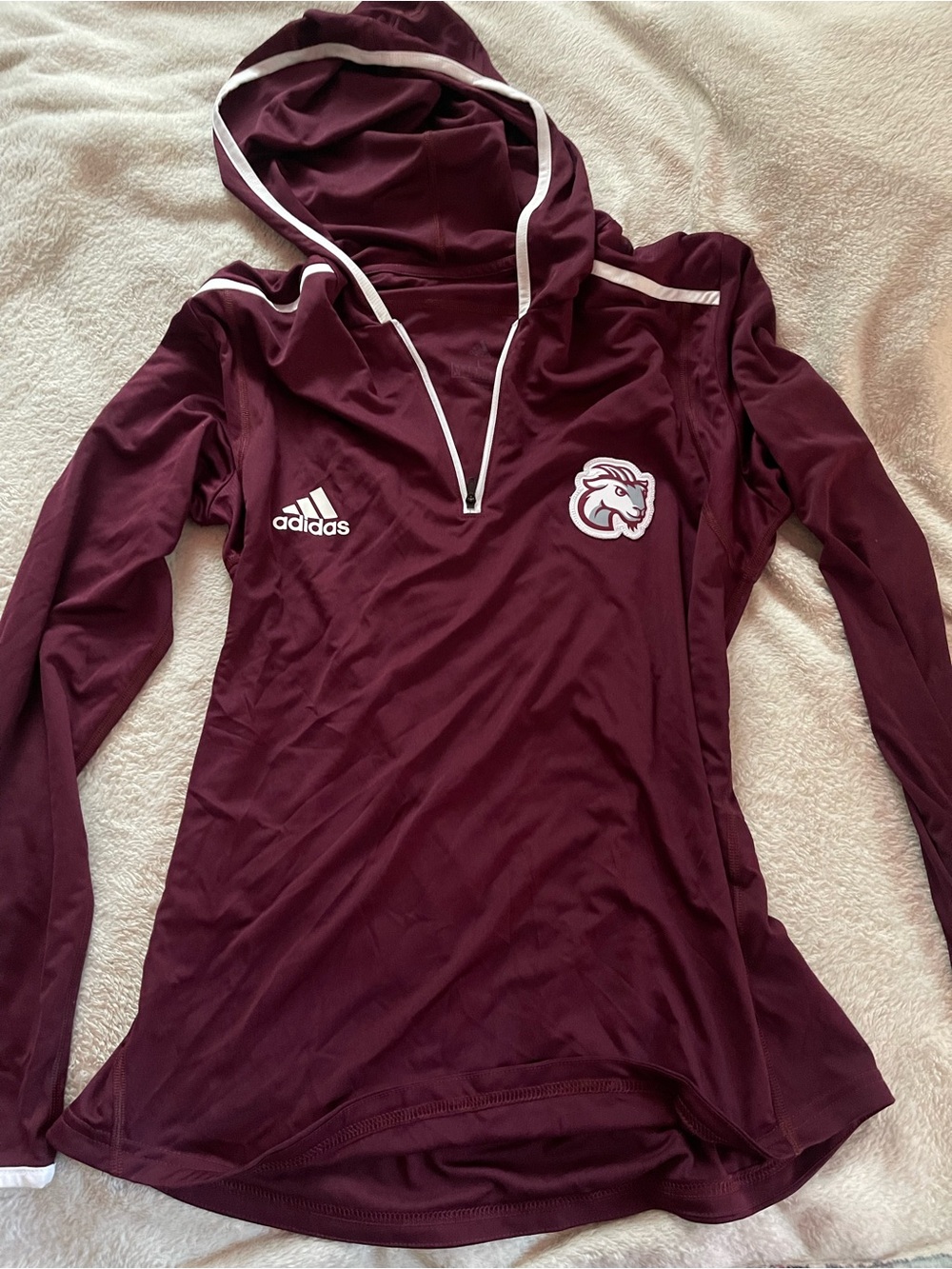 adidas Women's Maroon Hooded Quarter-Zip Pullover with White Trim